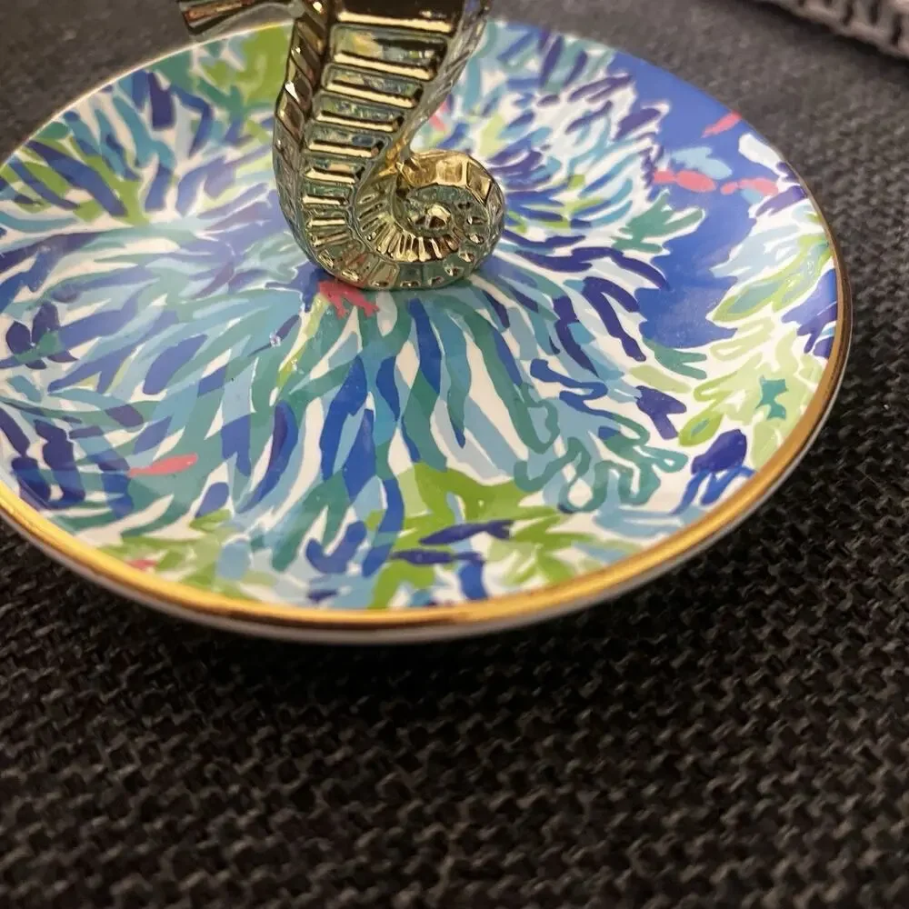 Lilly Pulitzer Ring Holder, Wade And Sea Jewelry Trinket Dish With Gold Seahorse
